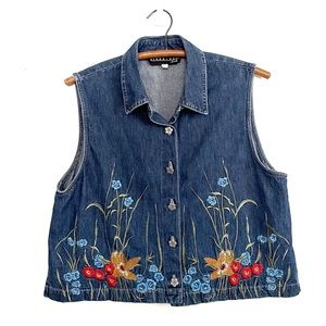 Vintage 90s Denim Sleeveless Button Down Top Boxy Floral Embroidery Size Large